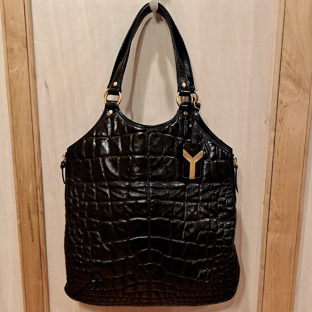 Yves Saint Laurent Black Croc Quilted Patent Tribute Tote